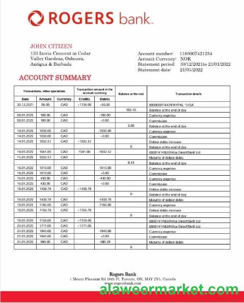 Canada Rogers bank statement